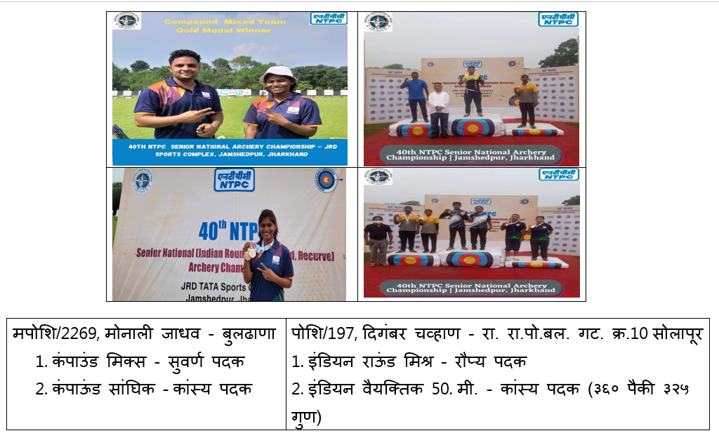 40TH SENIOR NATIONAL ARCHERY COMPETITION -  2021 IN THE PERIOD FROM 1ST TO 9TH OCTOBER 2021, MEDAL WINNING PERFORMANCE OF MAHARASHTRA POLICE FORCE IN JHARKHAND